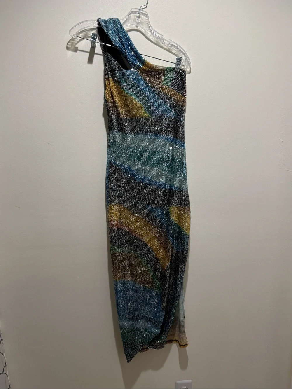 Multicolor Sequin One Shoulder Midi Dress Side Slit - Picture 3 of 11